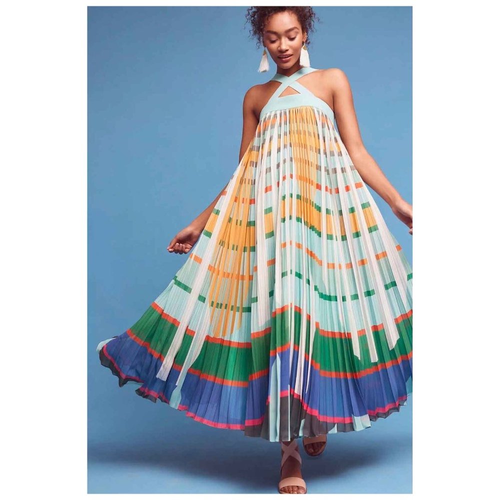 Anthropologie Geisha Designs Abstraction Pleated Maxi Dress Size S
